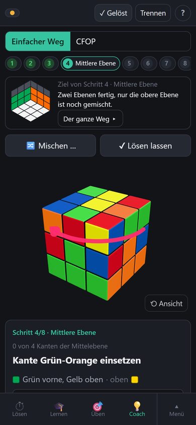 Coach zeigt den nächsten Zug mit Pfeil am 3D-Würfel