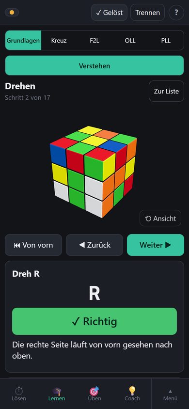 Lektion Drehen mit Aufgabe am Würfel